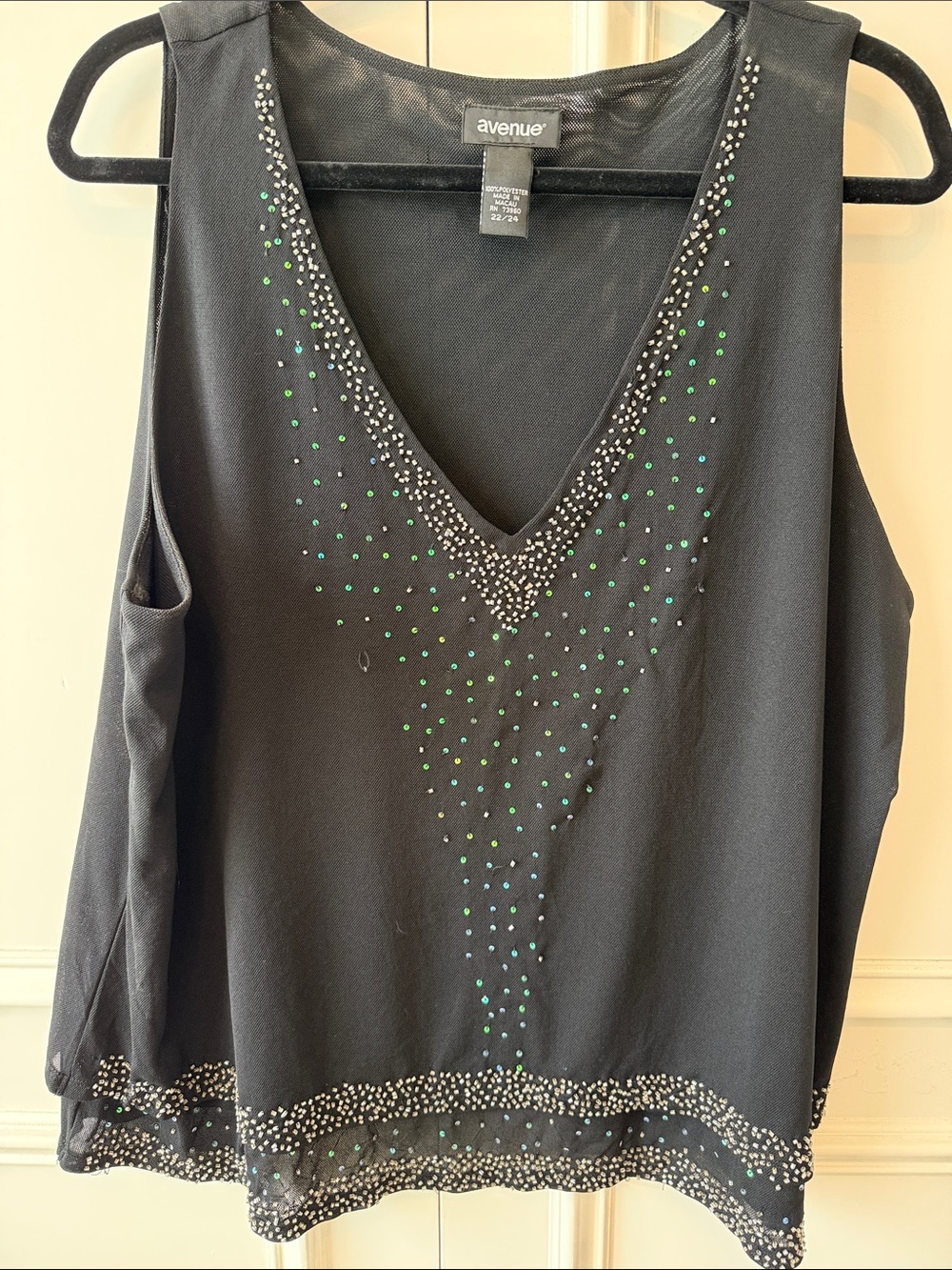 Avenue Black Tank Top with Silver and Green Embellishments